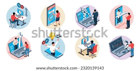 Technical support isolated round compositions with people making phone calls for inspection and assistance isometric vector illustration