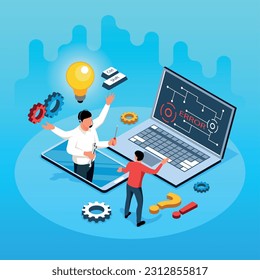 Soporte técnico ilustración isométrica con la ayuda de un cliente para la ilustración vectorial de mantenimiento de portátiles