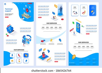 Technical support isometric landing page. Online consultation and assistance service corporate website design template. Web banner with header, middle content, footer. Isometry vector illustration.