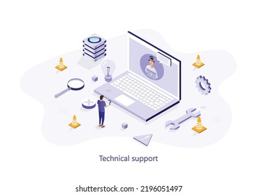 Technical support isometric landing page template. Call center worker having chat with client online. Cartoon customer helpline consultations. Hotline maintenance operator webpage design layout