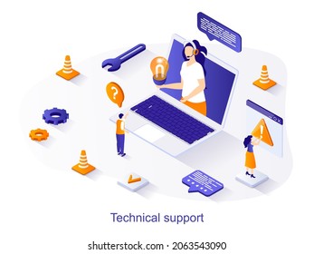 Technical support isometric web concept. People advise and answer customer questions, users solve technical issues in video chat online scene. Vector illustration for website template in 3d design