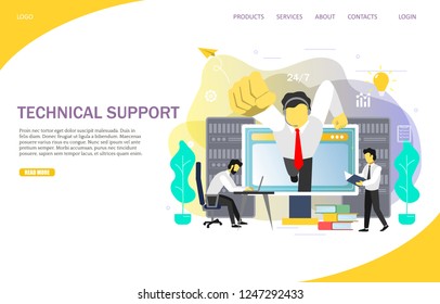 Technical support landing page website template. Vector flat illustration. Call centre, online customer support service, feedback concept.