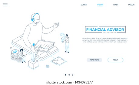 Technical Support - Line Design Style Isometric Web Banner On White Background With Copy Space For Text. A Header With A Male Call Center Operator In Headset On Smartphone Screen Holding Check List