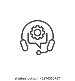 Technical support line icon. Headset and chat gear linear style sign for mobile concept and web design. Customer support outline vector icon. Symbol, logo illustration. Vector graphics