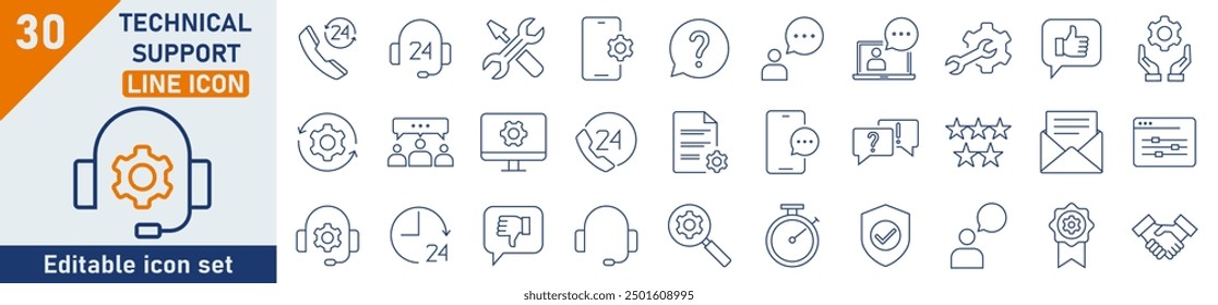 Conjunto de iconos de línea de Asistencia técnica. Conjunto de 30 iconos de esquema relacionados con técnico, configuración, repetición, negocio. Colección de iconos lineales. Colección de iconos de esquema de Asistencia técnica. Trazo editable.