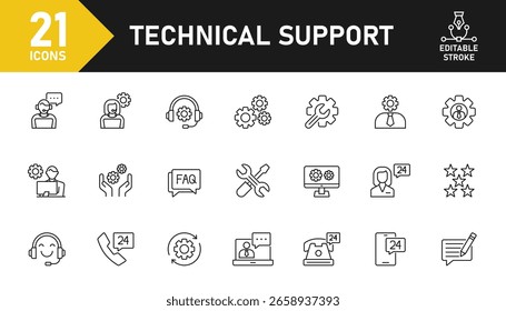 Conjunto de ícones de linha do Suporte Técnico. Conjunto de 21 ícones de tópicos relacionados a técnica, suporte, informação, assistência, pergunta, ajuda, configuração, repetição e outros. Traçado editável. Ilustração vetorial.