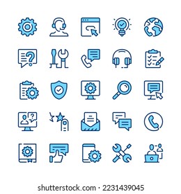 Iconos de línea de soporte técnico. Color azul. Conjunto de iconos de línea de vector