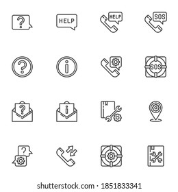 Conjunto de iconos de línea de soporte técnico, colección de símbolos de vector de contorno, paquete de pictogramas de estilo lineal. Señales, ilustración del logotipo. El conjunto incluye iconos como faq, ayuda, llamadas telefónicas, respuestas y preguntas