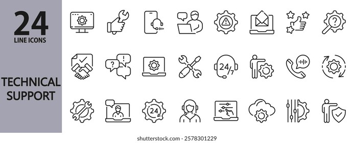 Technical Support line icons set with Operator, Client, Contact, Communication, Repair, Technology, Smartphone, Computer, Feedback, Message and more. Editable Stroke