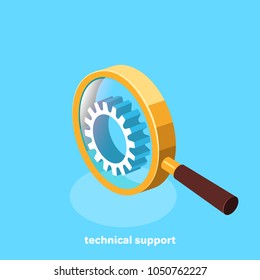 Technical Support, Magnifier And Gear Icon On A Blue Background, Isometric Image