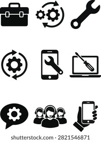 Technical support and maintenance icons showing toolbox, gears, wrench, smartphone, laptop, screwdriver, chat, customer service, and mobile assistance illustration