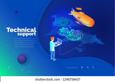 Technical support. A man interacts with a technical support system. Global map of the world. Technical support worldwide. Modern vector illustration isometric style.