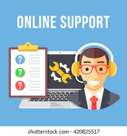 Technical support. Technical support manager, laptop and repair icon, clipboard and customer questions. Flat design for website, web banner, infographics, printed materials. Modern vector illustration