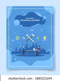 technical support men use laptop wrench hummer background of city sitting ion chair talk around customer use phone for template of banners, flyer, books cover, magazines with liquid shape style