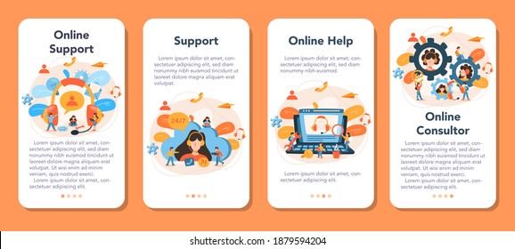 Technical support mobile application banner set. Idea of customer service. Consultant support clients and help them with problems. Providing customer with valuable information. Vector illustration