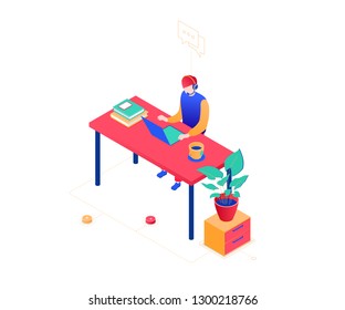 Technical support - modern colorful isometric vector illustration on white background. Composition with a freelancer, male call center operator in headset working at laptop, speaking with a customer