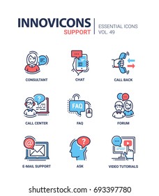 Technical Support - Modern Essential Vector Line Design Icons Set. Consultant, Chat, Mobile Device, Hand, Mouse, Faq, Phone, Call Center, Forum, Email, Letter, Laptop, Head, Question, Video Tutorial