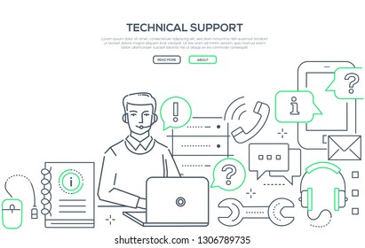 Technical support - modern line design style web banner on white background with copy space for your text. A composition with young male specialist, call center operator, assistant consulting customer