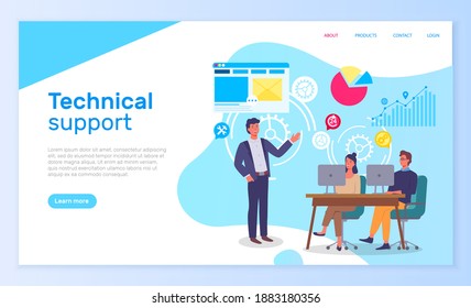 Technical support office people interact with computers. Landing page template with infographic elements and male instructor talking to characters sitting at a table, explains the information to them