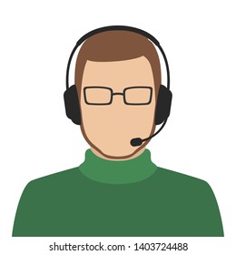 IT technical support officer. Man in headset and eyeglasses. Vector illustration.