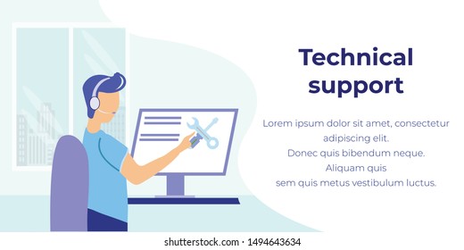 Technical Support Online Advertising Flat Banner. Cartoon Man Operator in Headphones Correcting Computer Error Remotely. Consultation via Internet. Vector Illustration with Place for Promotion Text