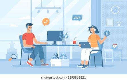 Technical support. Online customer service. Operators in headphones consult clients and solve tech problems. Flat cartoon vector illustration with people characters for banner, website design