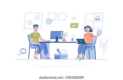 Technical support. Online customer service. Operators in headphones consult clients and solve tech problems. Cartoon modern flat vector illustration for banner, website design, landing page.