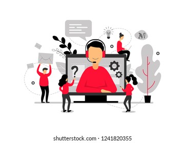 Technical support online, operator is talking to the client, 24h customer service for web page, hotline support, virtual help service - vector illustration