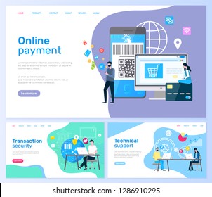 Technical support and online payment, transaction services vector. Computer monitor and smartphone, laptop and operators in headphones, global network. Website template, landing page in flat style