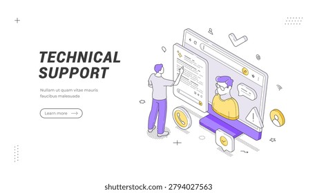 Technical support online service isometric banner template. Vector illustration showing a helpdesk operator consulting a client. A concept for a customer assistance hotline and user problem-solving