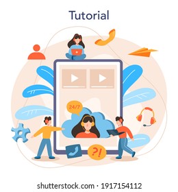 Servicio o plataforma de soporte técnico en línea. Idea de servicio al cliente. Proporcionar al cliente información valiosa. Tutorial en línea. Ilustración plana del vector