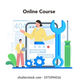 Technical support online service or platform. Idea of customer service. Consultant support clients and help them with problem. Online course. Vector flat illustration
