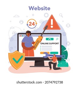 Technical support online service or platform. Consultant help with technical problems, providing with setting information. Website. Flat vector illustration