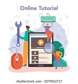 Technical support online service or platform. Consultant help with technical problems, providing with setting information. Online tutorial. Flat vector illustration