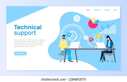 Asistencia técnica en el sitio web en línea, operadores ayuda vector. Hombre y mujer con auriculares en portátiles que responden a mensajes y llamadas, gráficos y diagramas o gráficos. Plantilla de página web o página de inicio en plano