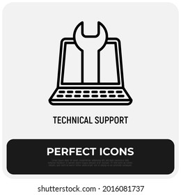 Technical support: open laptop with wrench thin line icon. It support. Modern vector illustration.