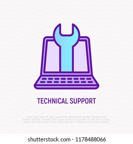 Technical support: opened laptop with wrench thin line icon. Modern vector illustration for logo of repair service.