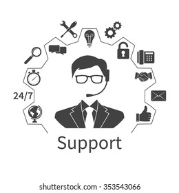 Technical support. Operator call center and services icons. Vector illustration.
