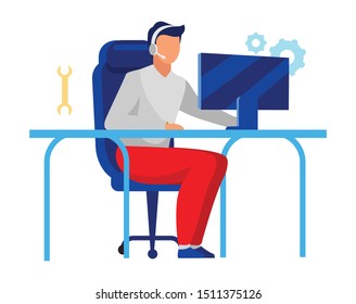 Technical support operator flat vector illustration. Company employee, technician isolated cartoon character on white background. Call center, IT department worker with headset, computer maintenance