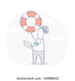 Technical Support operator with lifebuoy and tablet, Business Customer care Service, User Support, Phone Assistant, Online Help. Specialist solve problem online. Flat layout style vector design.