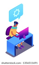 Technical support operator working on computer, tiny people isometric 3D illustration. Tech support 24 7, customer service technician and engineer concept. Isolated on white background.