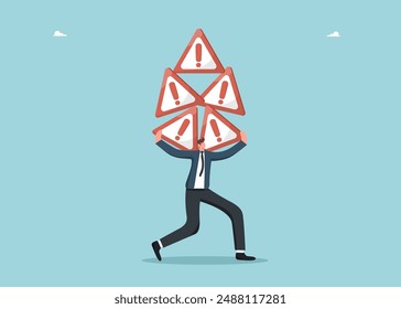 Technical support and optimization of work processes, leadership in prevention unforeseen circumstances, mentoring to solve complex situations and problems, man holding many road danger signs.