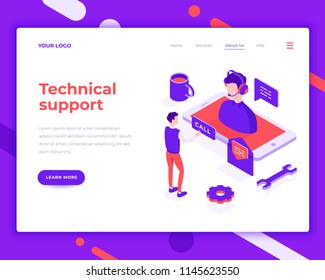 Technical support people and interact with smartphone. Landing page template. 3d isometric vector illustration.