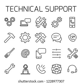 Technical support related vector icon set. Well-crafted sign in thin line style with editable stroke. Vector symbols isolated on a white background. Simple pictograms.