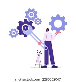 Technical support and repair. Businessman uses wrench repair big gears, support staff with tools. System or business setup. Client service. Vector illustration