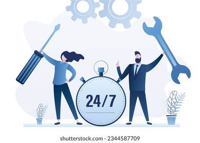 Banner de concepto de asistencia técnica y reparación. Los empresarios sostienen destornilladores y llave. Ayuda las 24 horas, gran reloj. Feliz trabajo o empleado con herramientas. Ilustración vectorial de estilo moderno