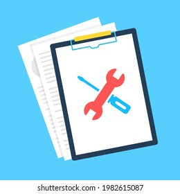 Technical support. Repair, maintenance concepts. Clipboard with document with wrench and screwdriver icon. Vector illustration
