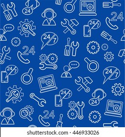 Technical support and repair, seamless blue background. Vector blue background with white line icons of tools for repair electronics and appliances. Color, flat. 