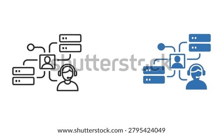 Technical support and server administration icon set featuring a headset agent connected to server racks and network nodes for remote help desk and cloud management services vector graphics
