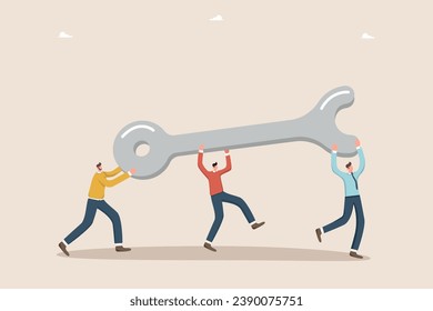 Technical support and service. Assistance in setting up and optimizing the workplace, teamwork and cooperation to solving difficult situations under unforeseen circumstances, men carry a big wrench.